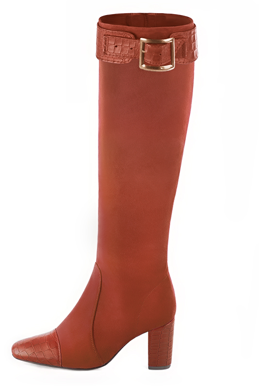 Terracotta orange women's feminine knee-high boots. Round toe. High block heels. Made to measure. Worn view - Florence KOOIJMAN